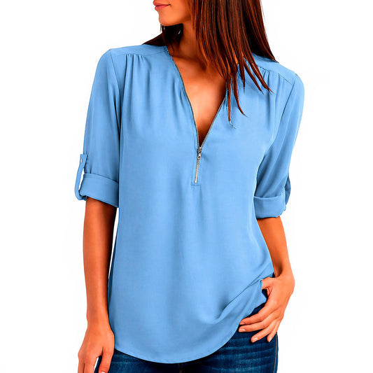 Blusa de Tela Fluida con Cuello en V y Cremallera para Mujer