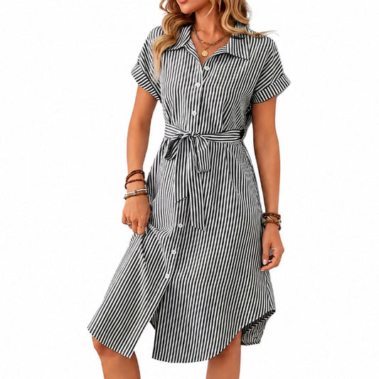 Vestido Camisero Midi de Rayas con Cinturón para Mujer