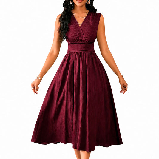 Vestido Midi Acampanado de Cuello en V Fruncido para Mujer