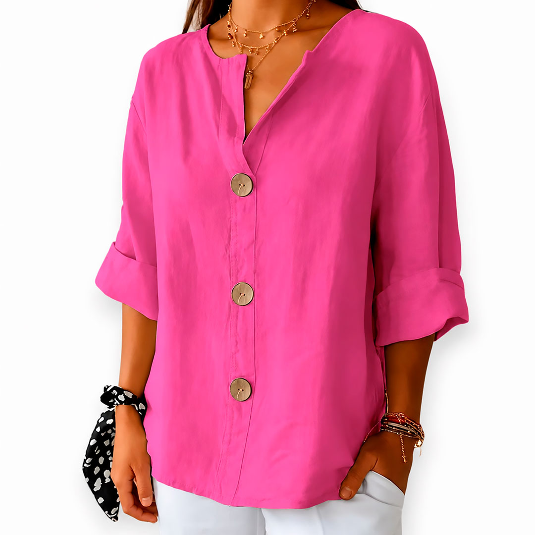 Blusa de Lino con Botones Gruesos y Escote en V para Mujer