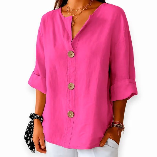 Blusa de Lino con Botones Gruesos y Escote en V para Mujer