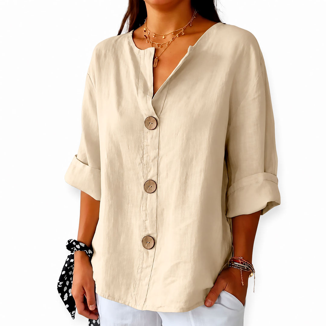 Blusa de Lino con Botones Gruesos y Escote en V para Mujer