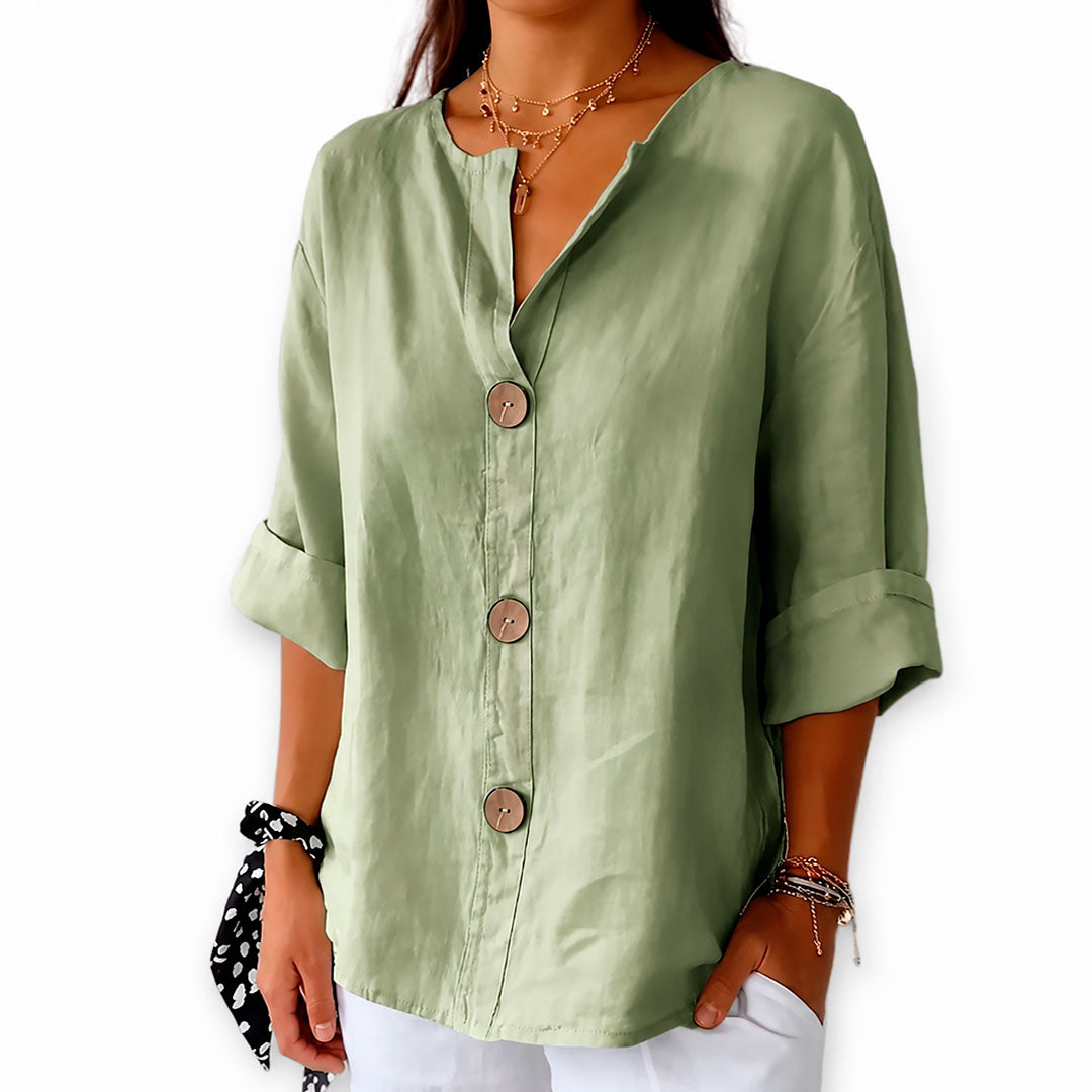 Blusa de Lino con Botones Gruesos y Escote en V para Mujer