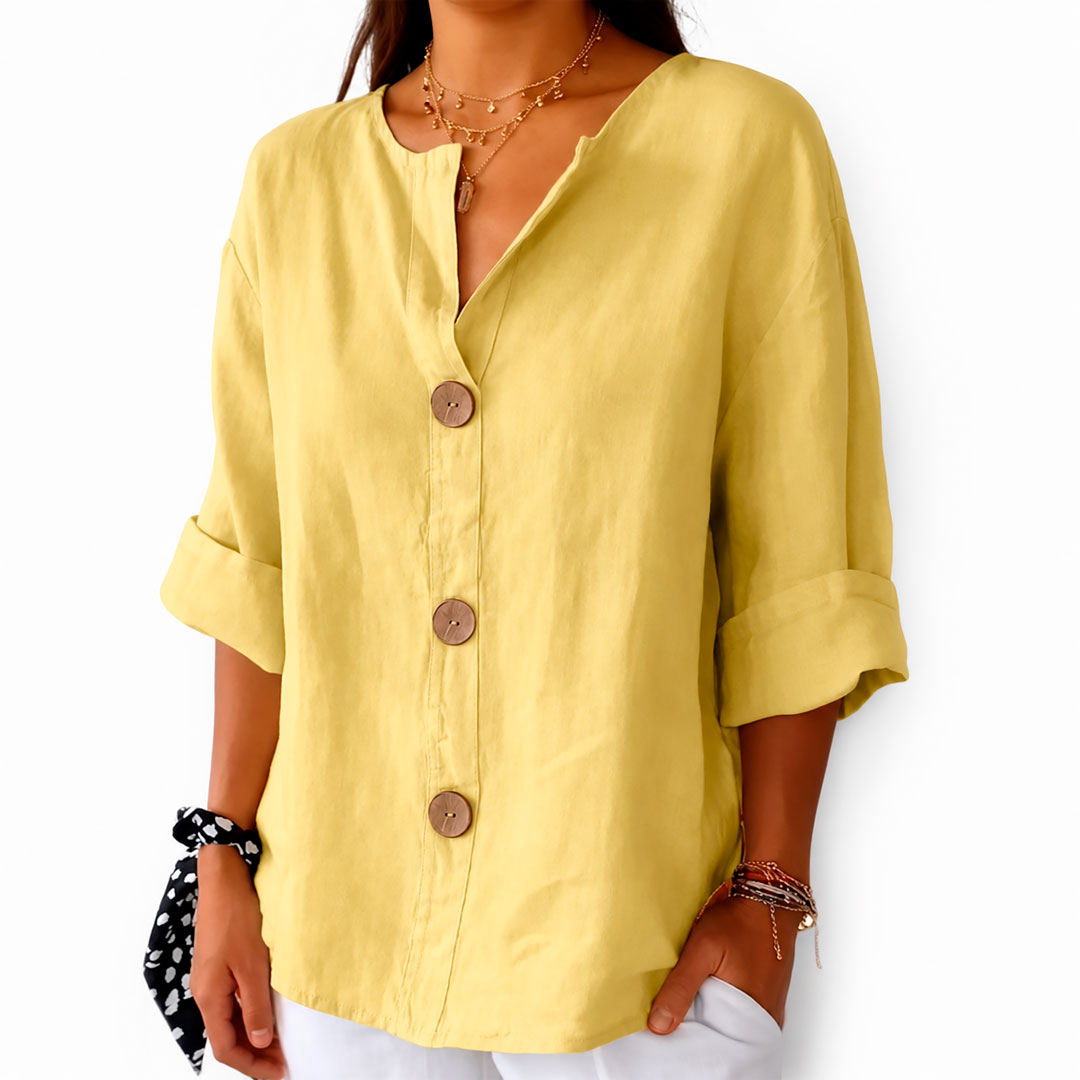 Blusa de Lino con Botones Gruesos y Escote en V para Mujer