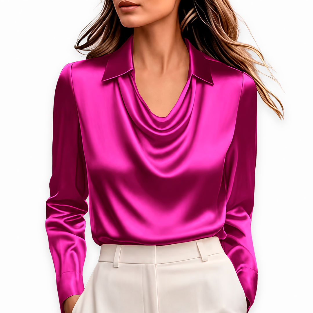 Blusa de Satén con Cuello Vuelto y Manga Larga para Mujer