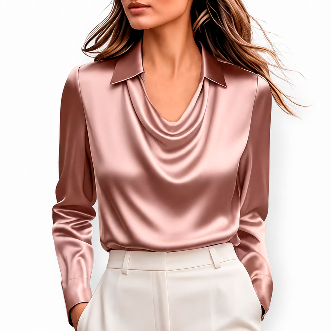 Blusa de Satén con Cuello Vuelto y Manga Larga para Mujer