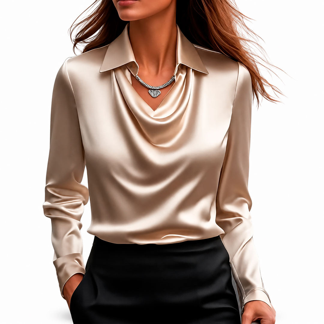 Blusa de Satén con Cuello Vuelto y Manga Larga para Mujer