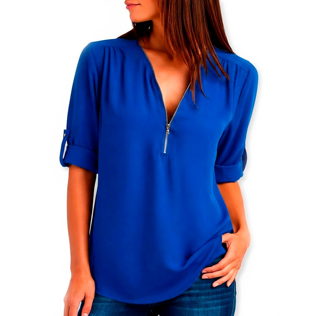 Blusa de Tela Fluida con Cuello en V y Cremallera para Mujer