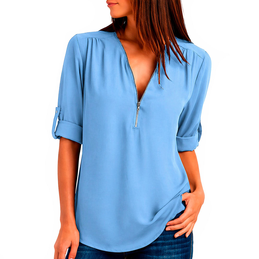 Blusa de Tela Fluida con Cuello en V y Cremallera para Mujer