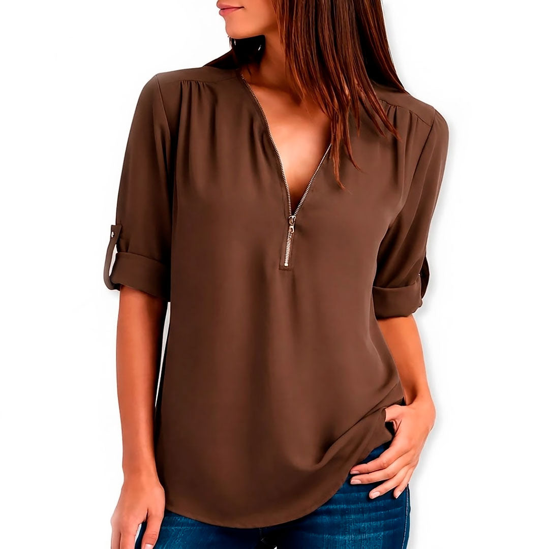 Blusa de Tela Fluida con Cuello en V y Cremallera para Mujer