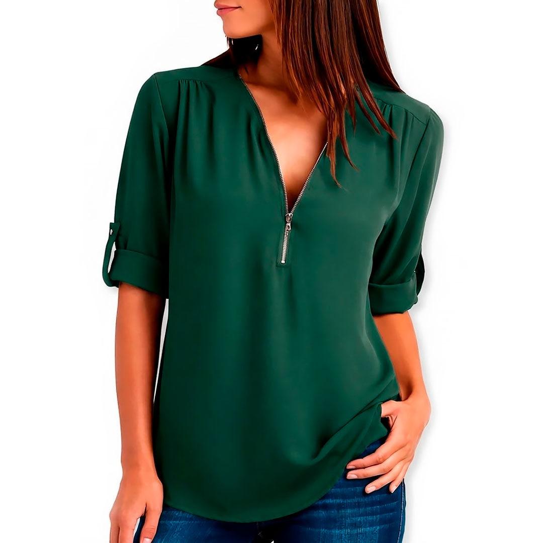 Blusa de Tela Fluida con Cuello en V y Cremallera para Mujer