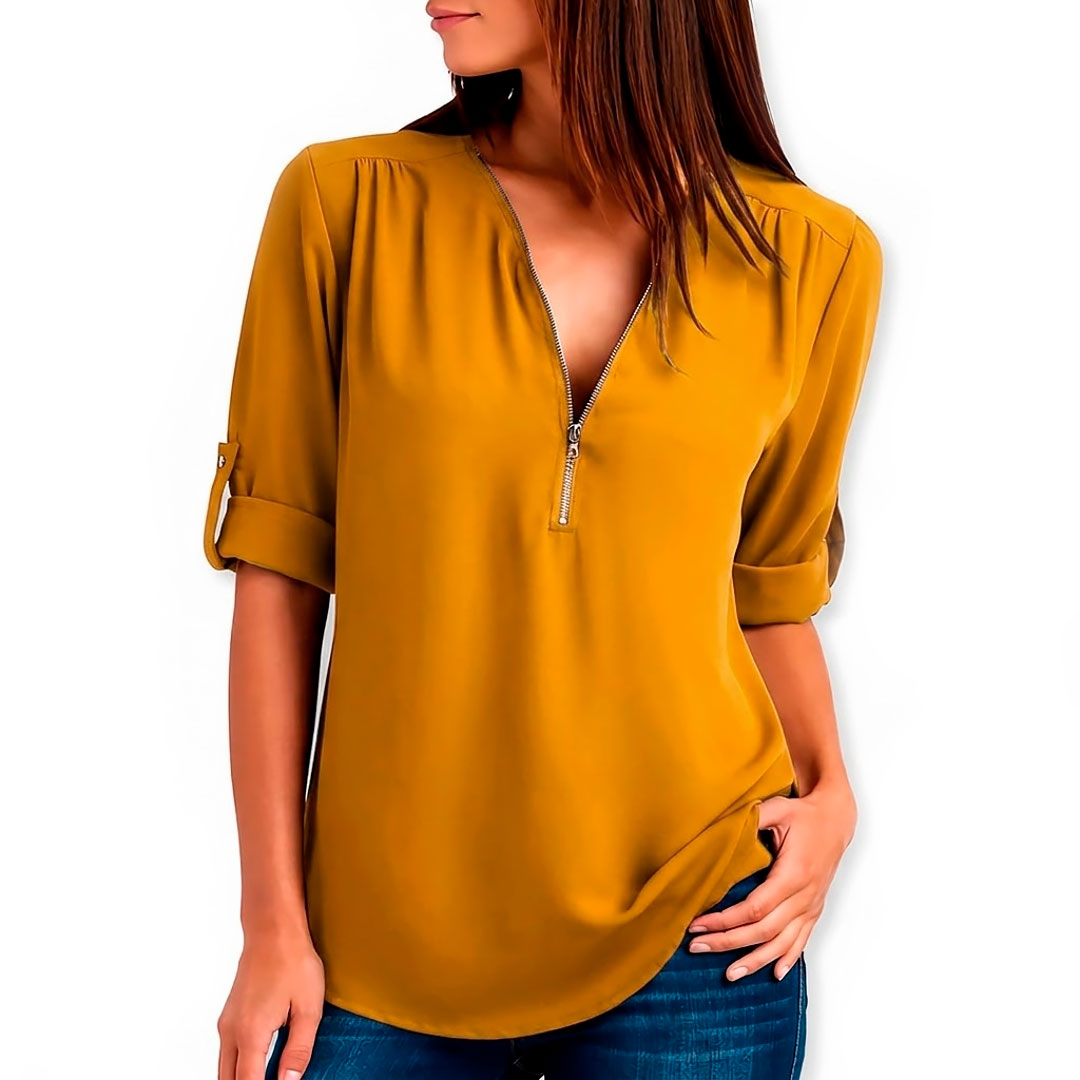 Blusa de Tela Fluida con Cuello en V y Cremallera para Mujer