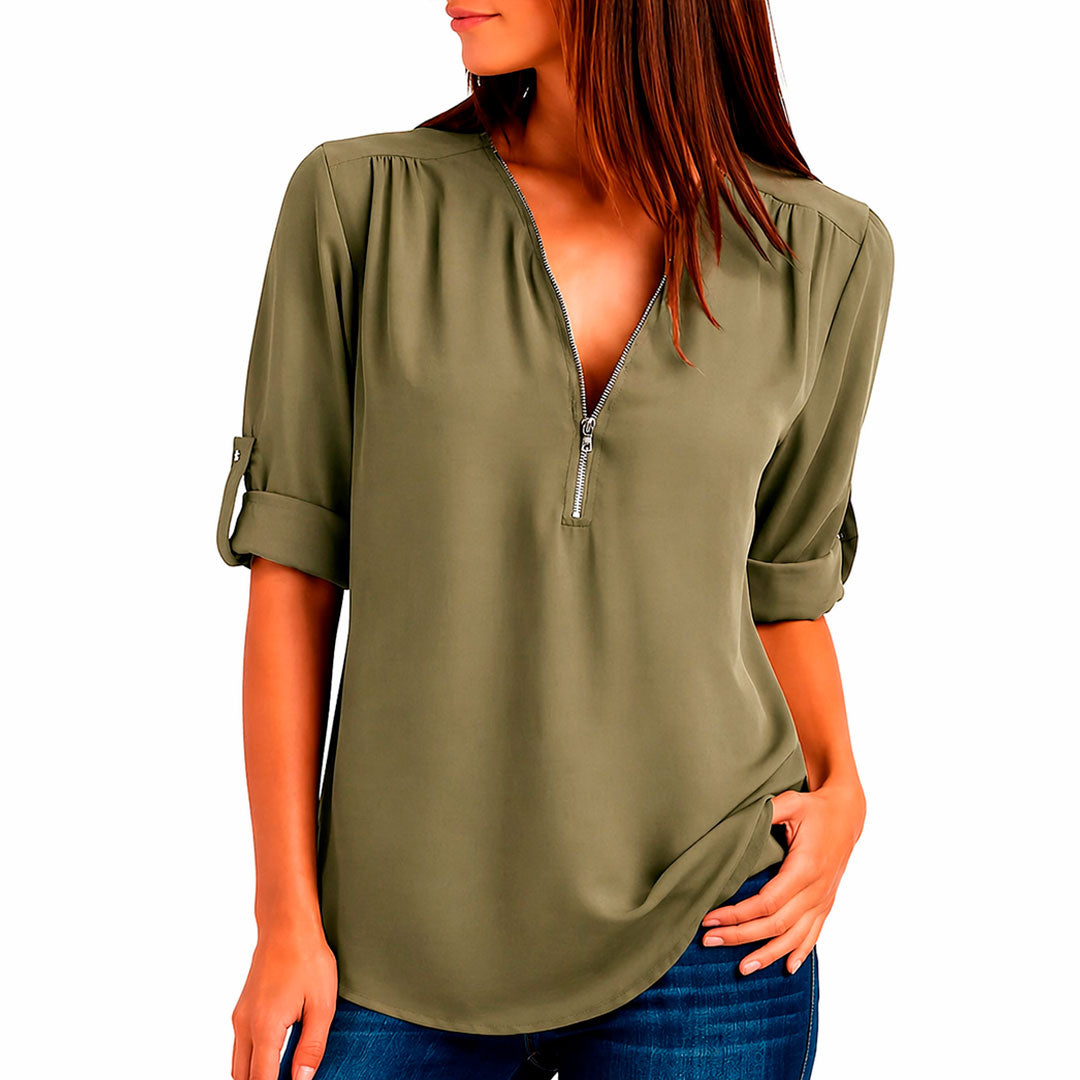 Blusa de Tela Fluida con Cuello en V y Cremallera para Mujer