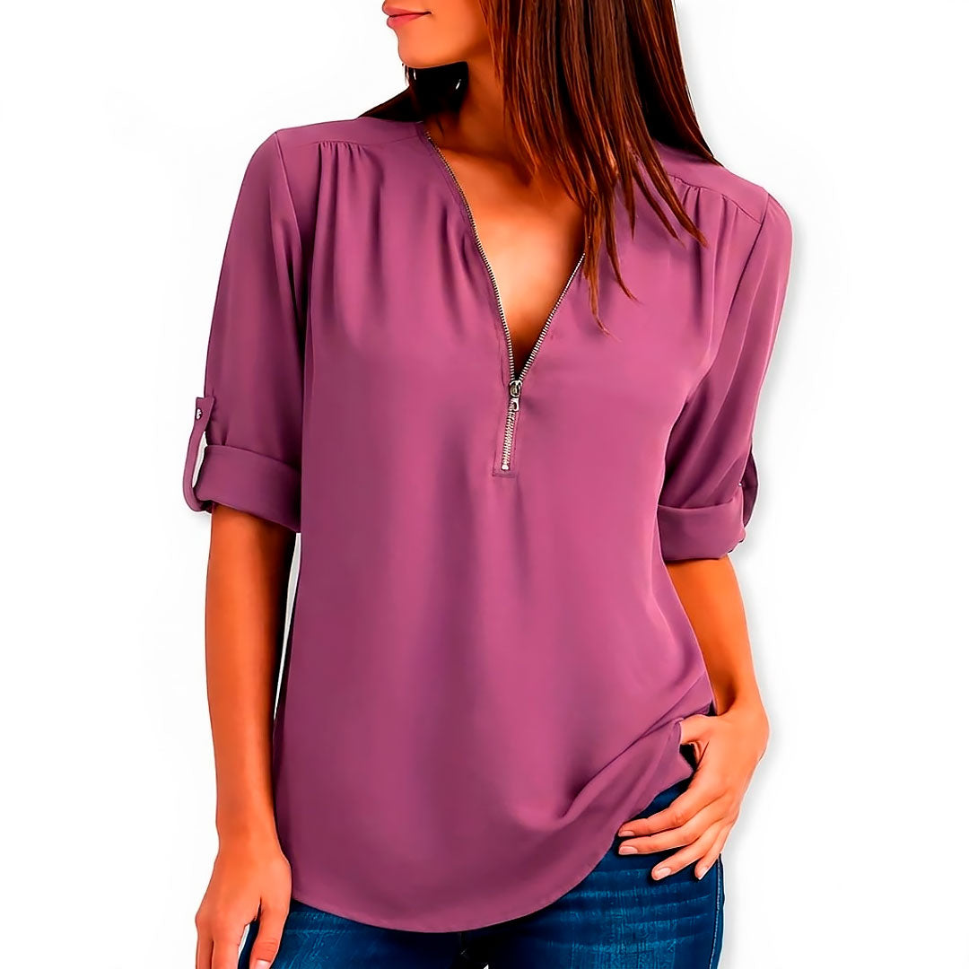 Blusa de Tela Fluida con Cuello en V y Cremallera para Mujer