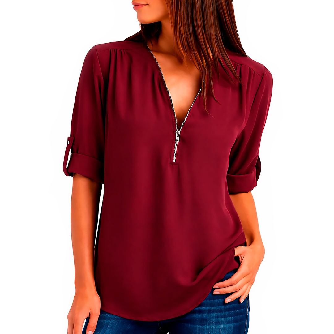 Blusa de Tela Fluida con Cuello en V y Cremallera para Mujer