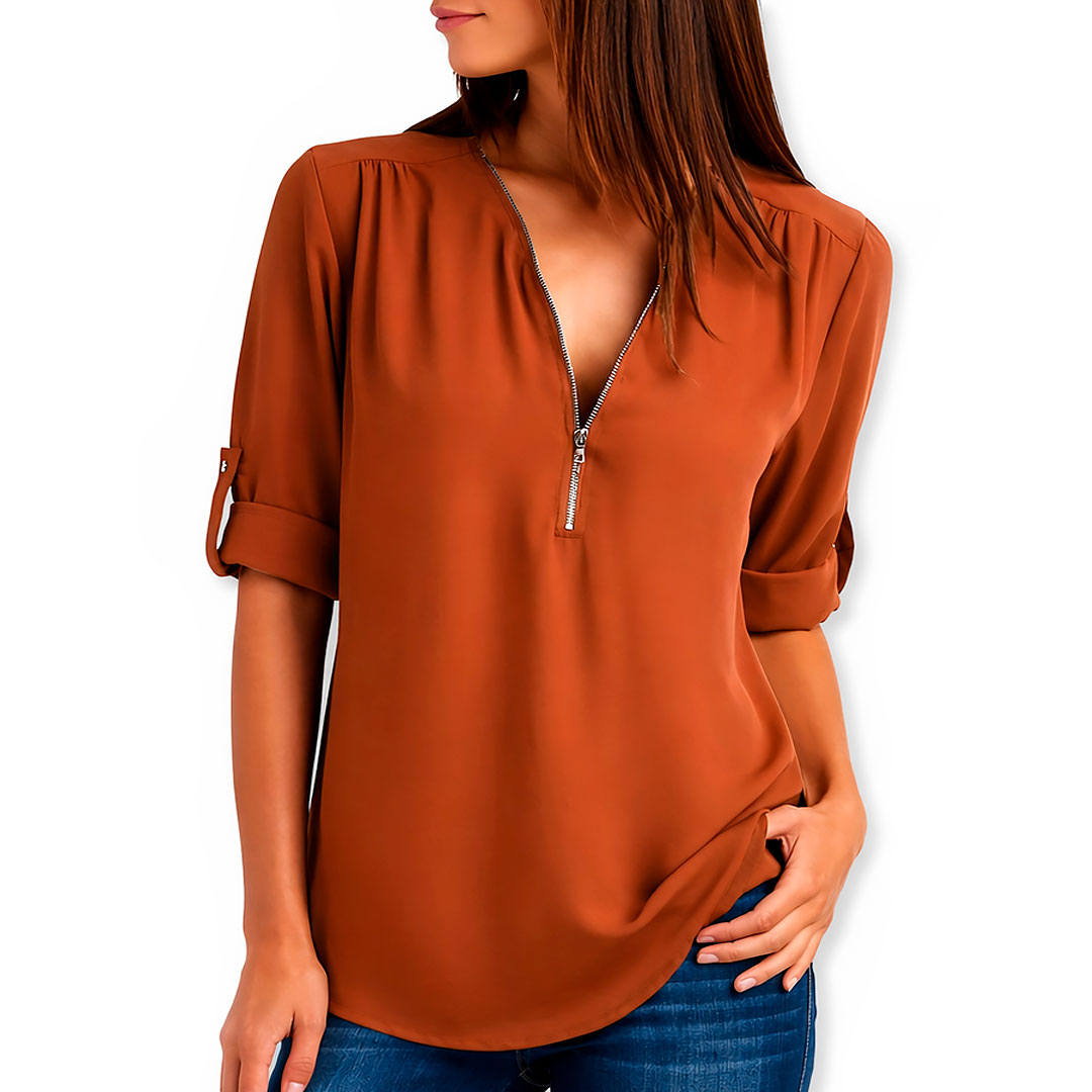 Blusa de Tela Fluida con Cuello en V y Cremallera para Mujer