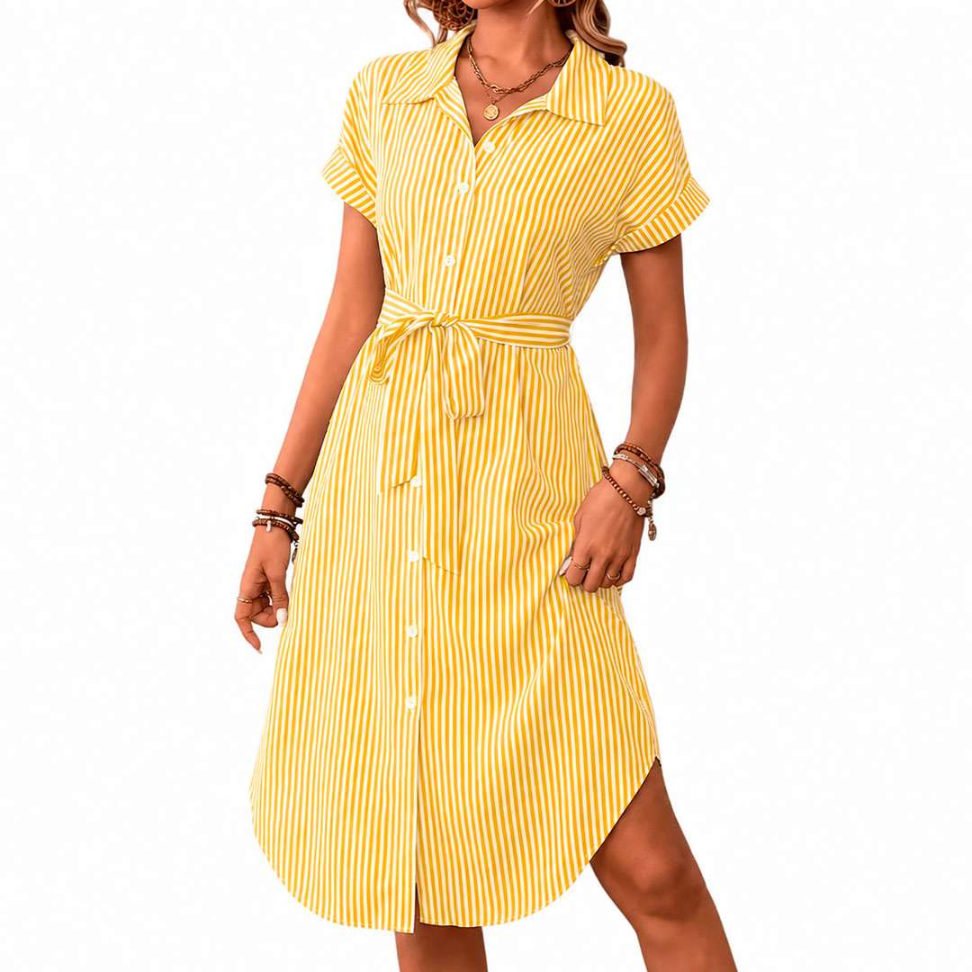 Vestido Camisero Midi de Rayas con Cinturón para Mujer
