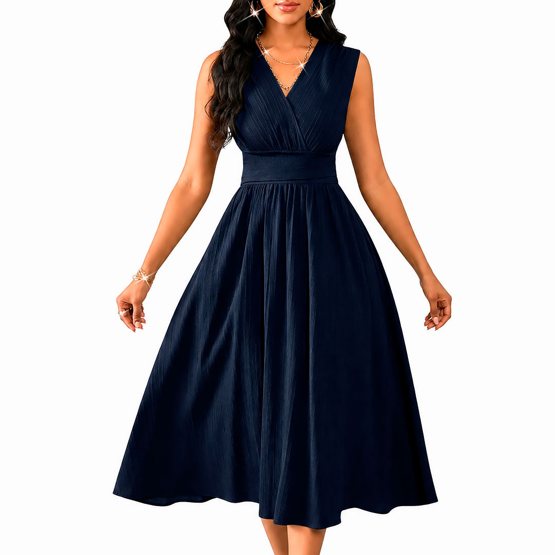 Vestido Midi Acampanado de Cuello en V Fruncido para Mujer