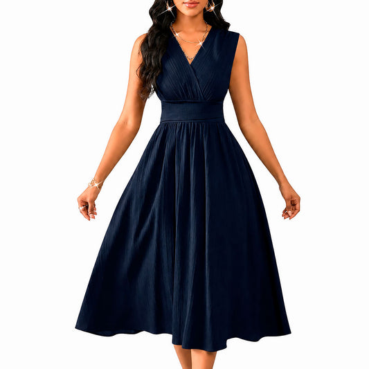 Vestido Midi Acampanado de Cuello en V Fruncido para Mujer