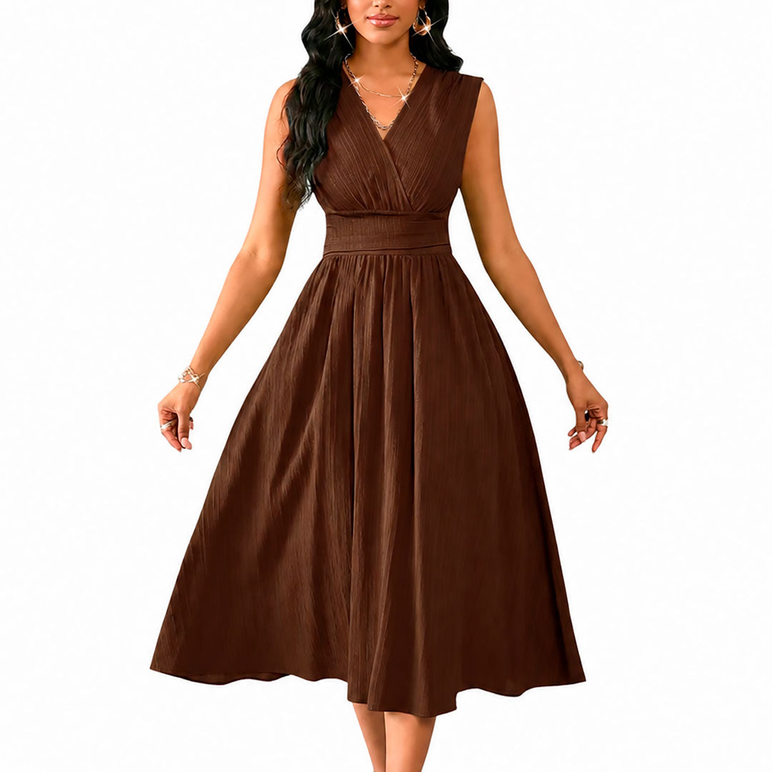 Vestido Midi Acampanado de Cuello en V Fruncido para Mujer